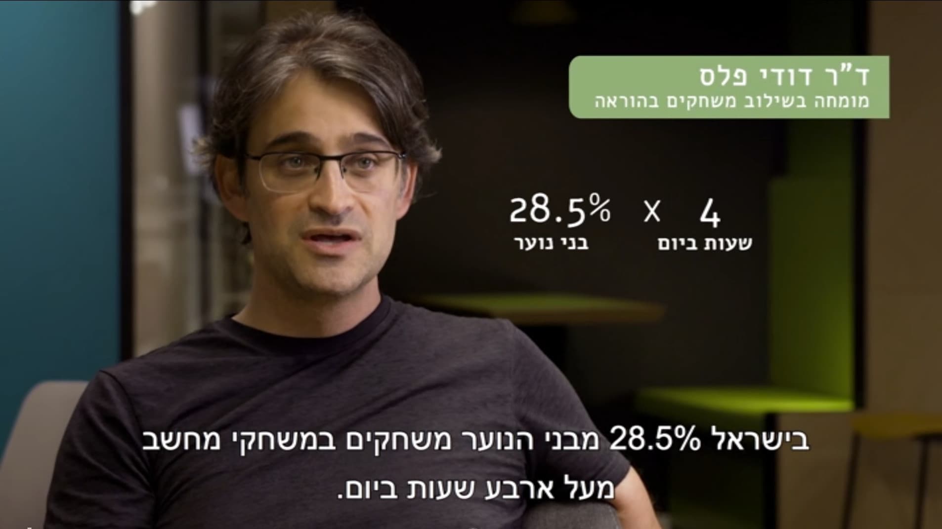 פריים מהשיעור, דודי פלס מדבר מול המצלמה לצד הנתון ש-28.5 אחוז מבני הנוער בישראל משחקים מעל ארבע שעות ביום